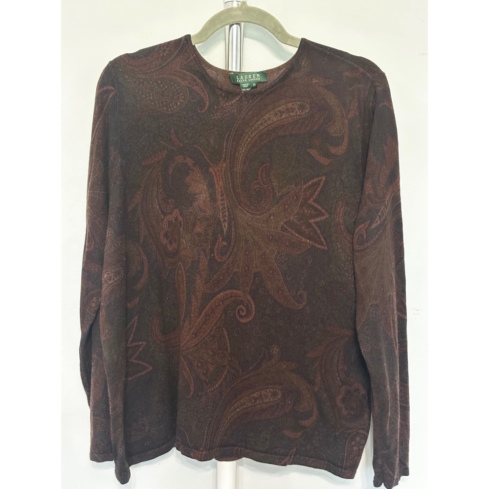 Lauren Ralph Lauren Silk Cashmere Paisley Sweater Brown Plus Size 2X
